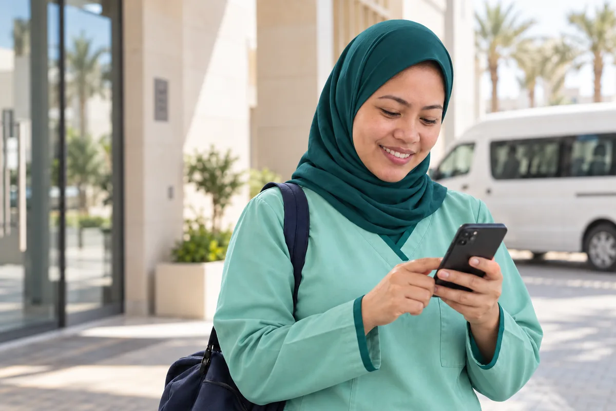 A homecare nurse wearing a hijab checks her phone before starting a visit.