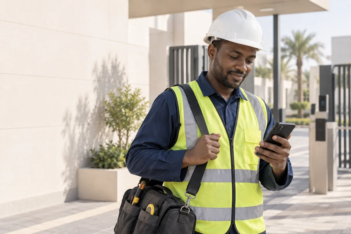 A subcontracted technician checks his phone at the entrance to a work site.
