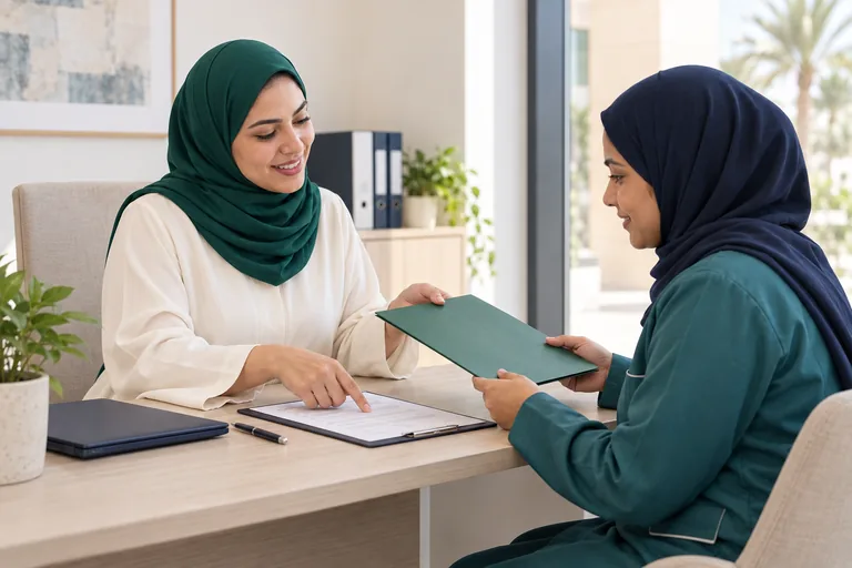An HR coordinator goes through a staff member's documents with her.