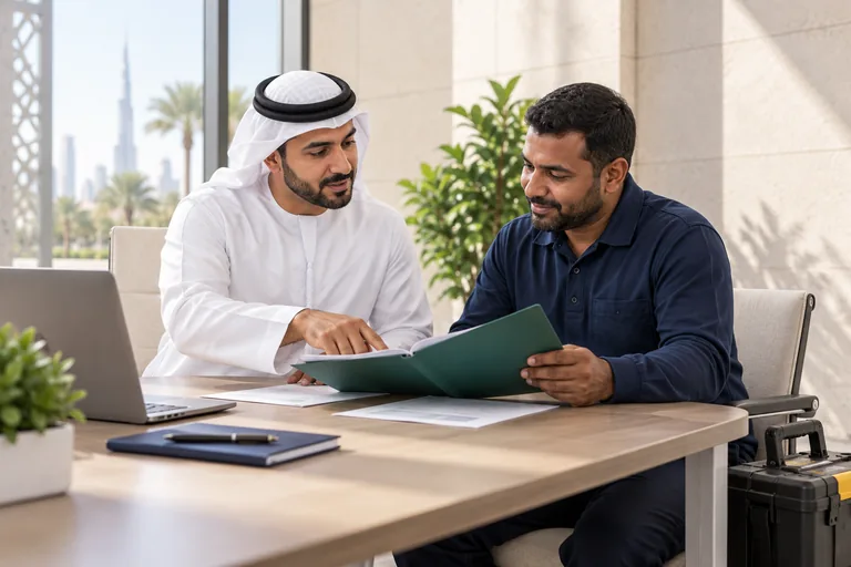 A manager and a worker go through his documents at a desk.