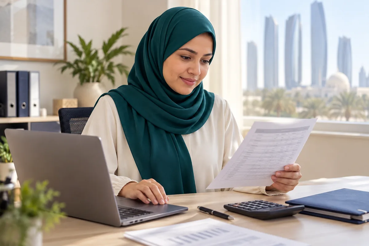 A payroll coordinator reviews working hours and salary records at her desk.